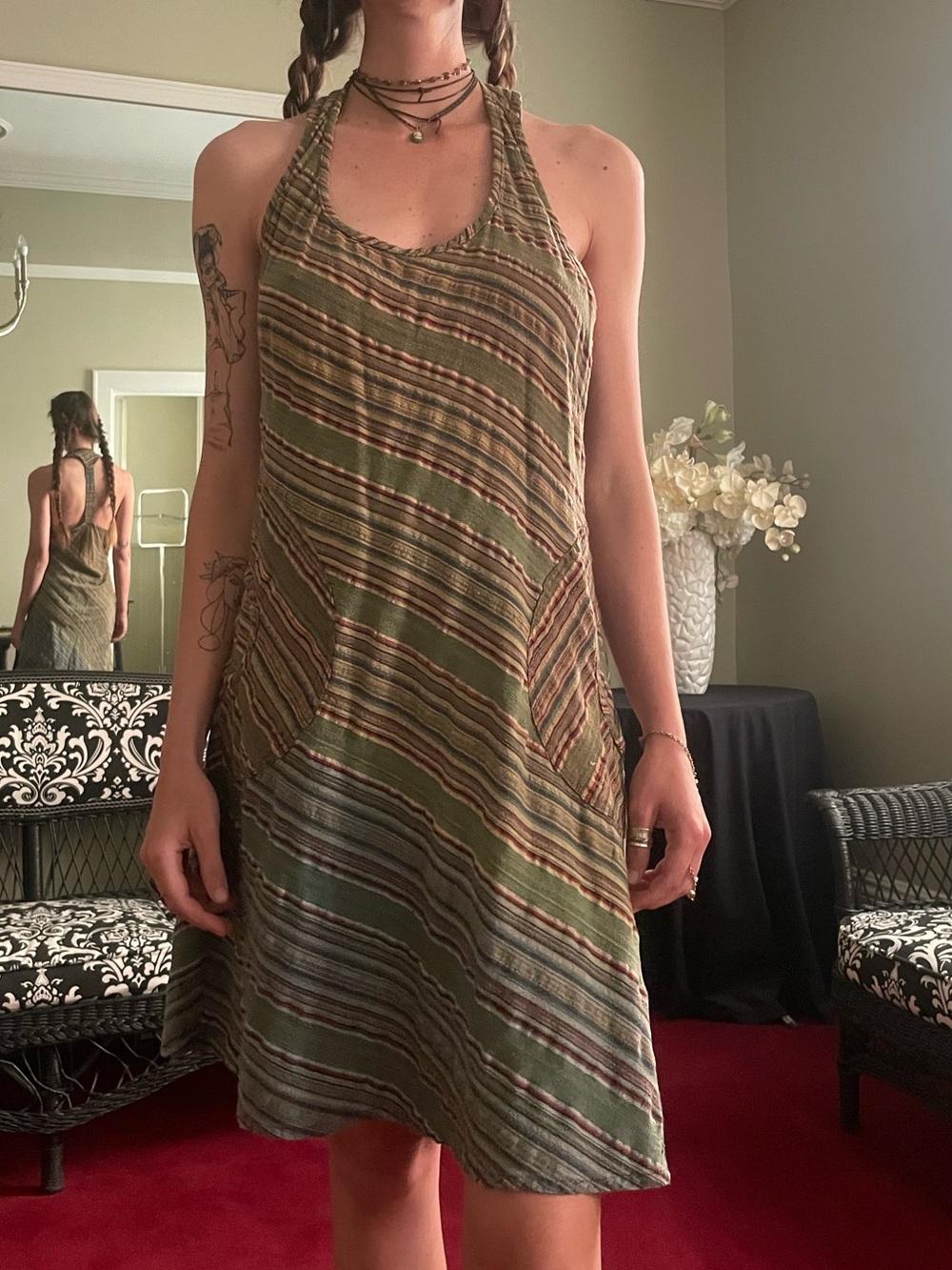 Olive Striped Halter Summer Dress - from India